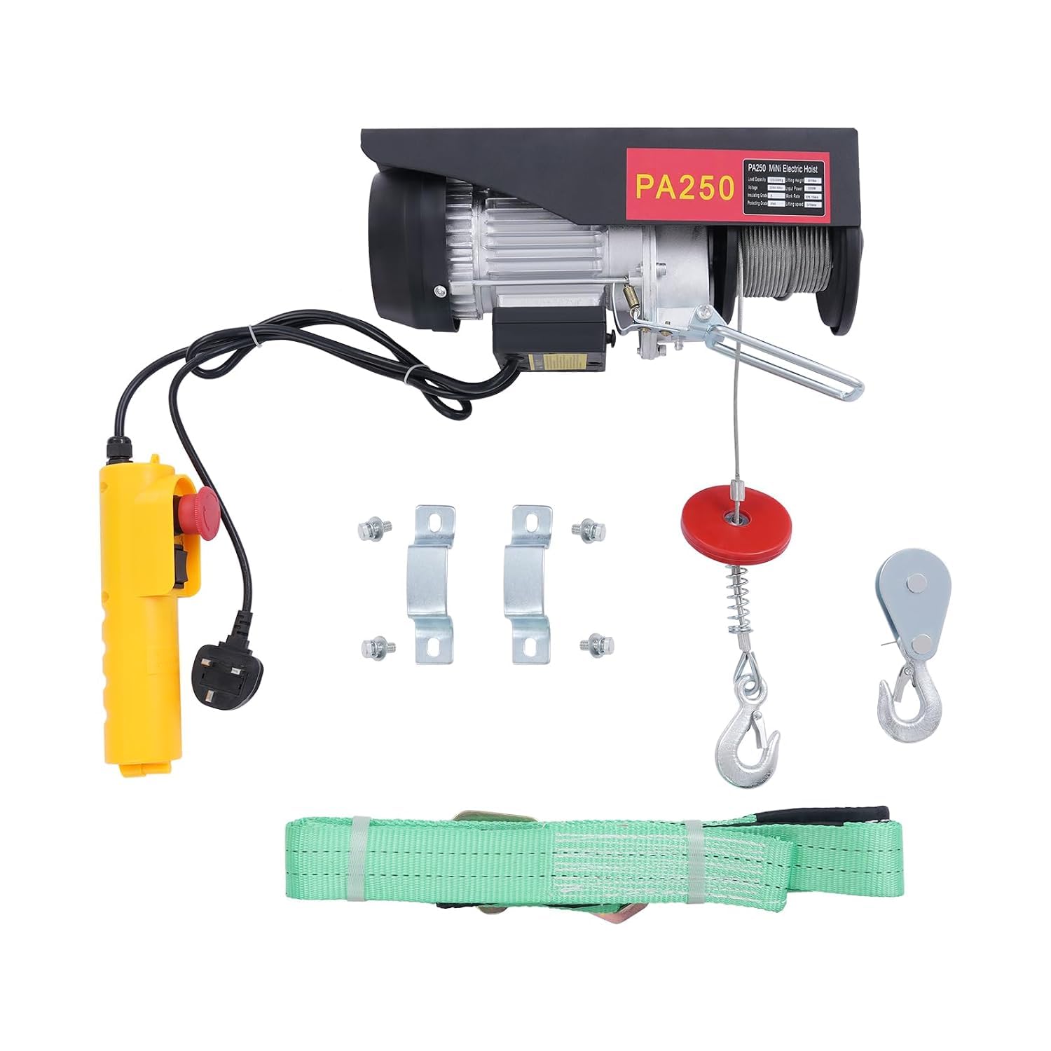 Verricello elettrico per carichi pesanti da 800 kg con motore da 1450 W e telecomando per garage, magazzini e fabbriche, con doppio gancio di sollevamento. (250kgBlack)
