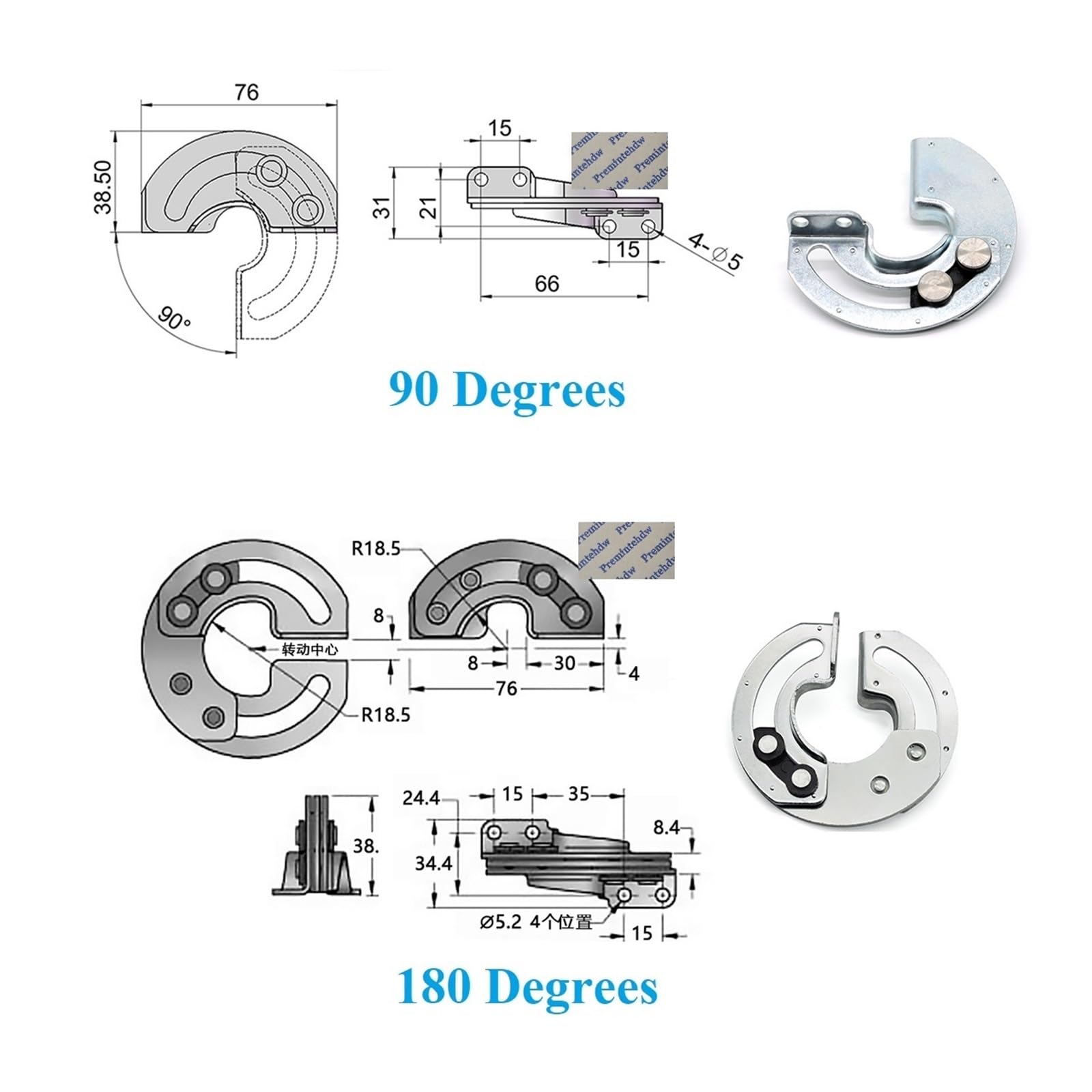 Coperchio scorrevole con cerniera nascosta da 4 confezioni | 90 mezzo giro da 180 gradi(90Deg StainlessSteel)