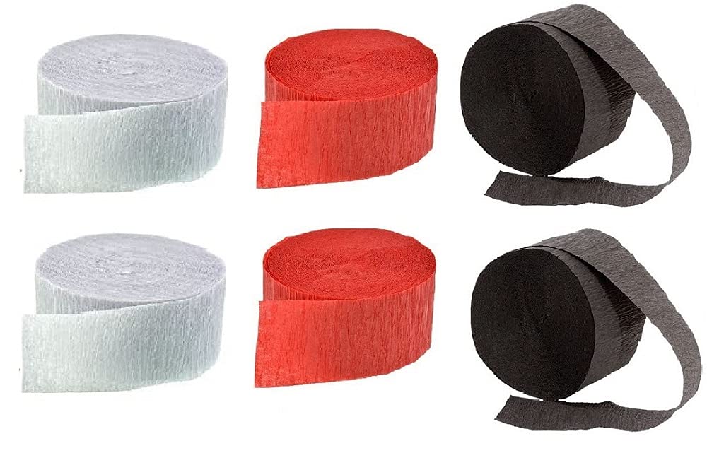 K-Kraft USA-Made Red, White and Black Crepe Paper Streamers (2 Red + 2 White + 2 Black)