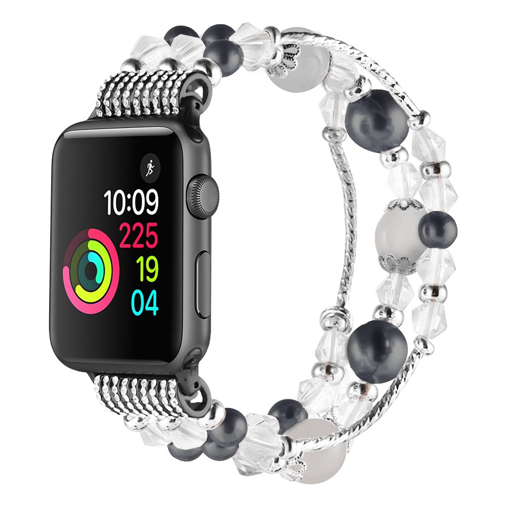 Simpeak Beaded Fashion Band Compatible with Apple Watch 45mm 44mm 42mm, Handmade Beaded Elastic Women Bracelet Replacement for iWatch Series 9 8 7 6 SE 5 4 3 2 1, Fixed Size 5.7-6.9, Black