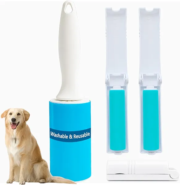Reusable Lint Roller 3 Pack, Washable Sticky Lint Rollers, Cat Dog Pet Hair Remover Cleaner for Clothes, Furniture, Carpet, Travel, Sofa, 1 Large with Dust Cover + 2 Foldable Mini, Portable Lint Brush
