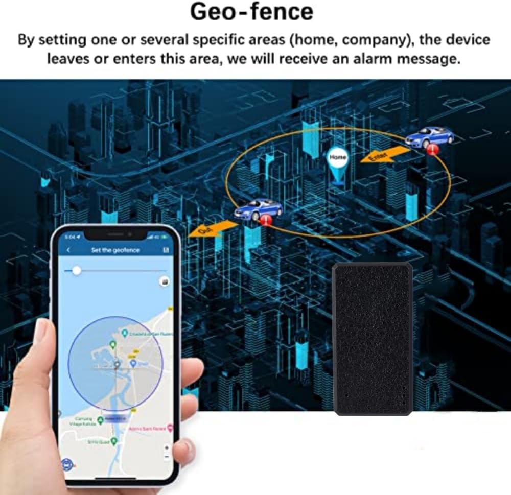 Geo-fence setup on Winnes Mini 4G GPS Tracker TK901 app, showing alerts for entering or exiting a defined area.