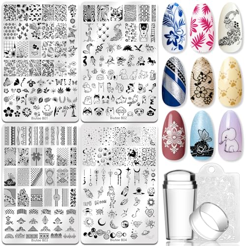 Biutee 4PCS Large Nail Stamping Plates Set, Nail Stamping Kit