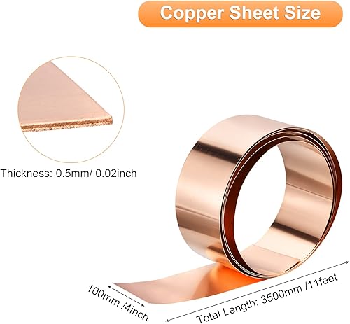 Miniatura 2 de uxcell Rollo de cobre intermitente 99.95% puro, 0.020 in de grosor de calibre 24, chapa de cobre de 11 pies x 4 pulgadas para proyectos de bricolaje