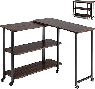 COSTWAY Corner Computer Desk, 360° Rotating Sofa Side Table Writing Desk with 2-Tier Storage Shelves, Mobile L-Shaped PC Laptop Workstation Couch Snack Table for Home Office Living Room (Walnut)