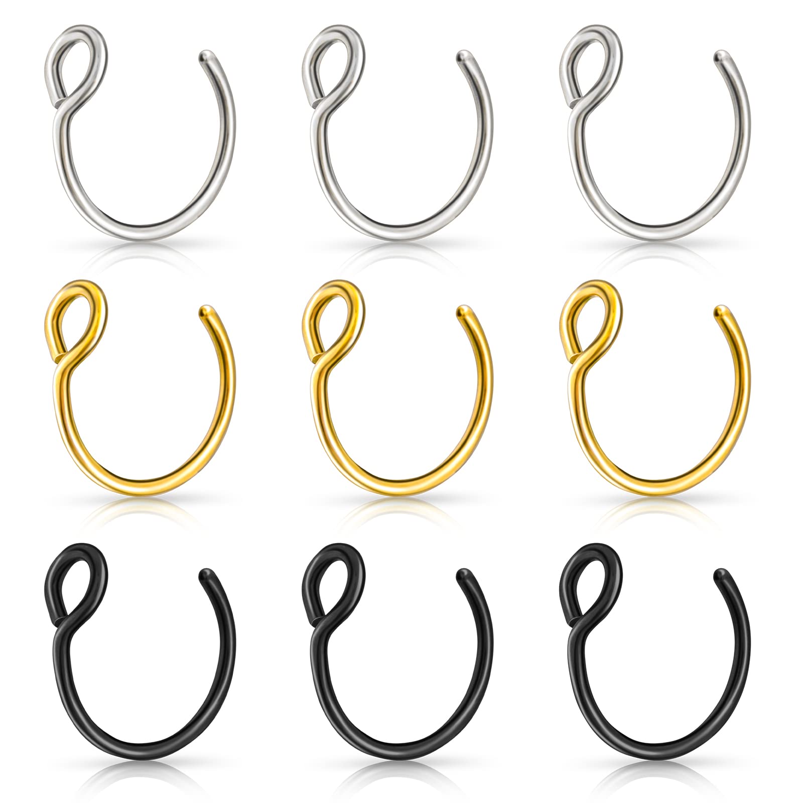 Yolev 9 Piezas Piercing Septum Nariz Falso Aro de Nariz Falso Aro de Acero Inoxidable Aro de Nariz para Tabique de Labio Artificial Conjunto de Anillo de Nariz Labio No Perforado