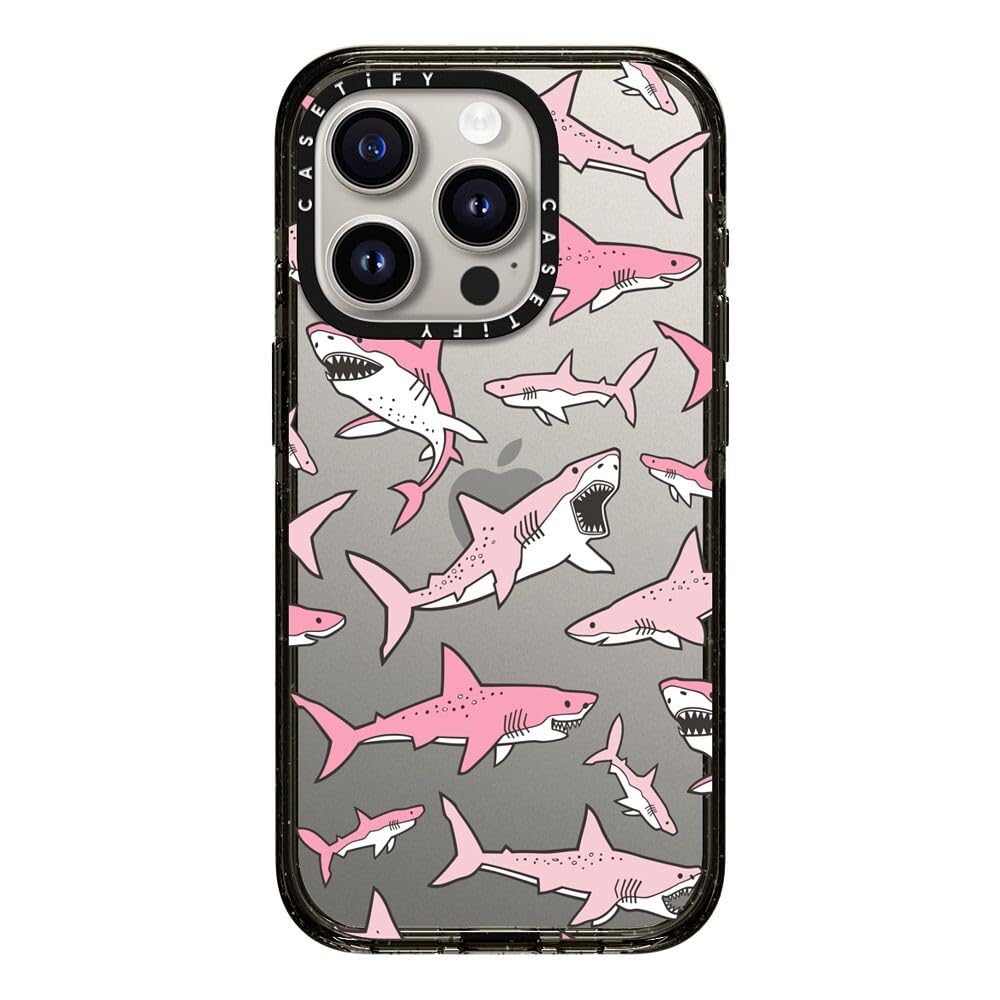 CASETiFY Impact iPhone 15 Pro Case [4X Military Grade Drop Tested / 8.2ft Drop Protection] - Pink Sharks - Clear Black