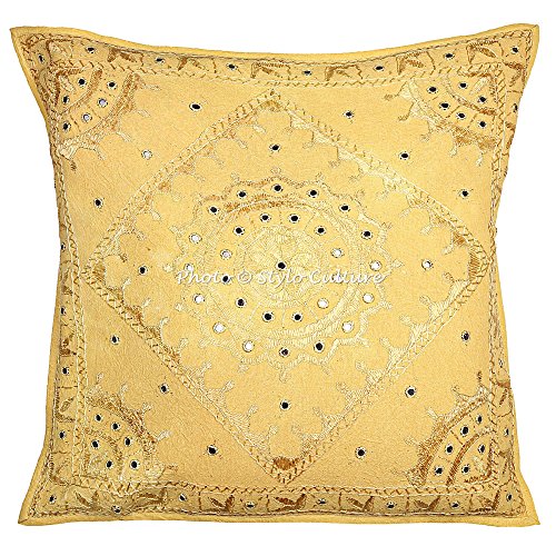 Stylo Culture Indian Ethnic Bestickte Spiegel Outdoor Kissenbezüge 60x60 Wohnzimmer Dekor Senf Gelb Großes Sofa Couch… – Bild 3