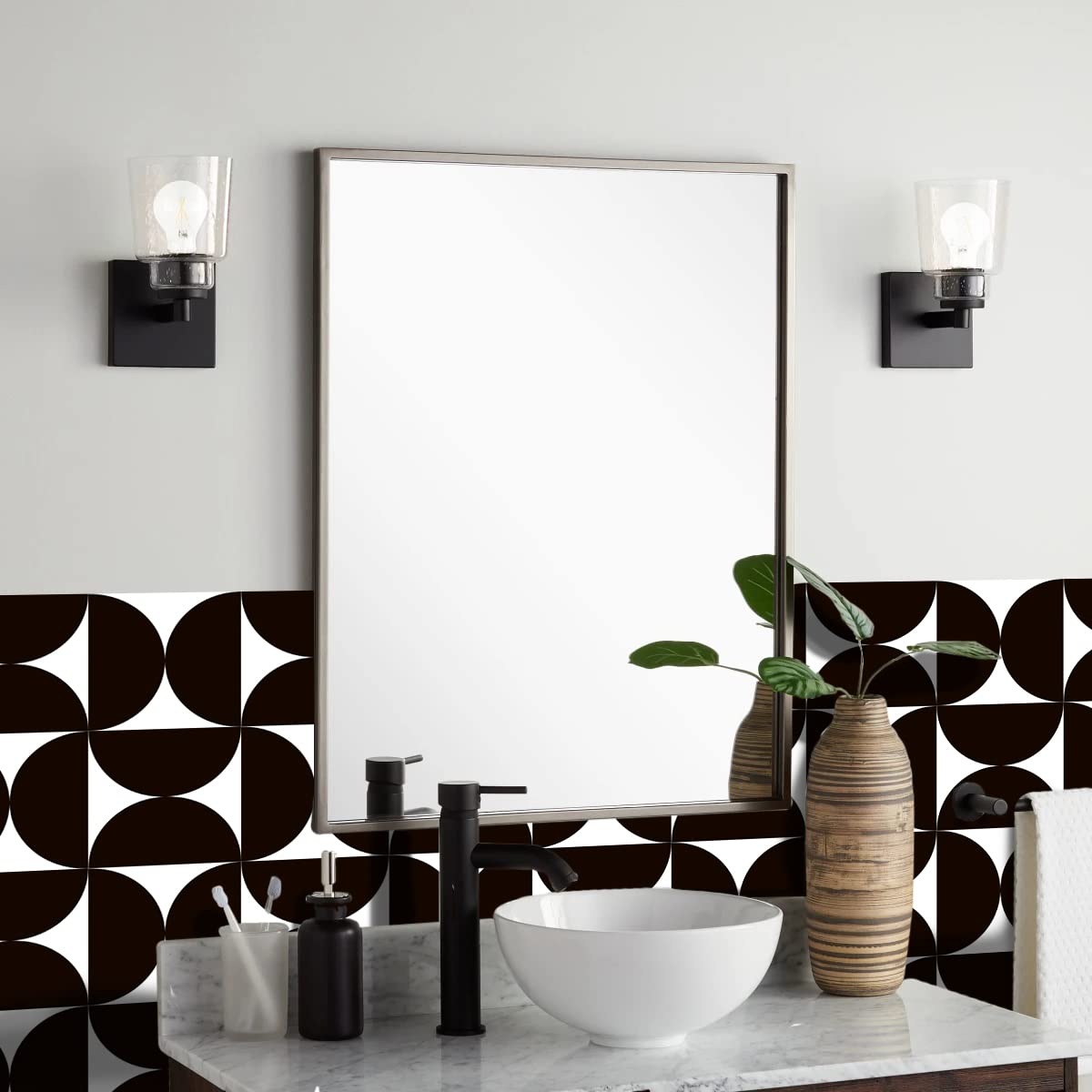 Alwayspon 24PcsX15cm/6inch Vinyl Wall Tile Sticker Transfer, Waterproof Sticky Back Tile Sticker for Kitchen Bathroom Self-adhesive Peel and Stick PVC Stick on Tile, Black and White Boho