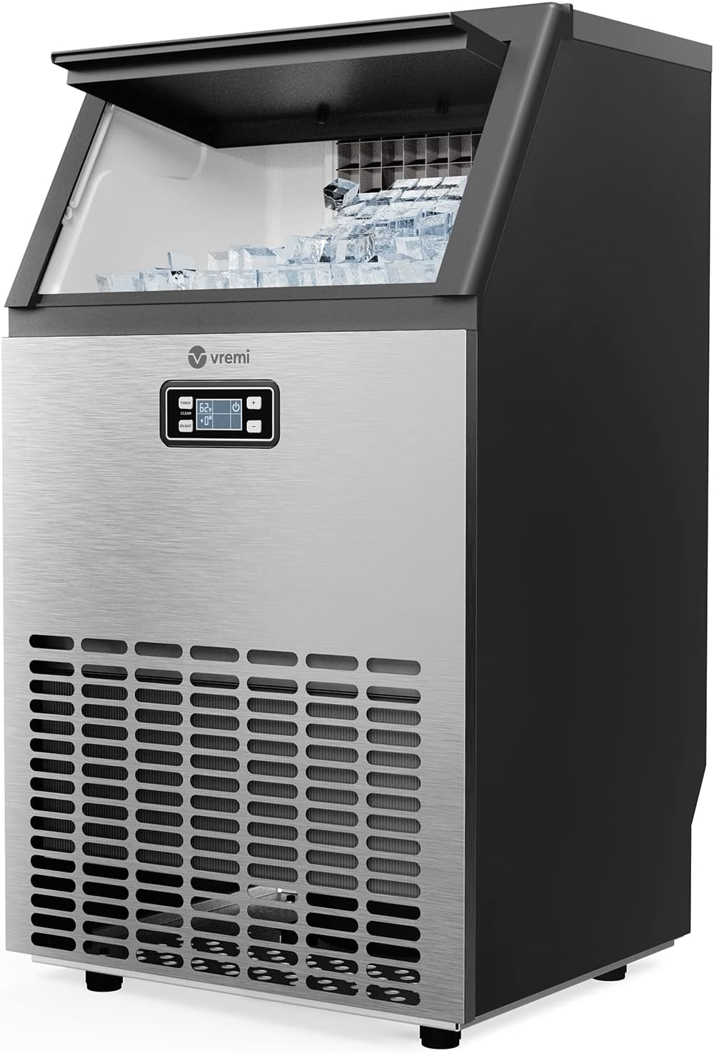 Vremi Commercial Grade Ice Maker - Produces 100 Pounds of Ice in 24 Hrs with 29 Pounds Storage Bin - Stainless Steel, Freestanding Automatic Clear Cube Ice Making Machine Perfect for Home or Business