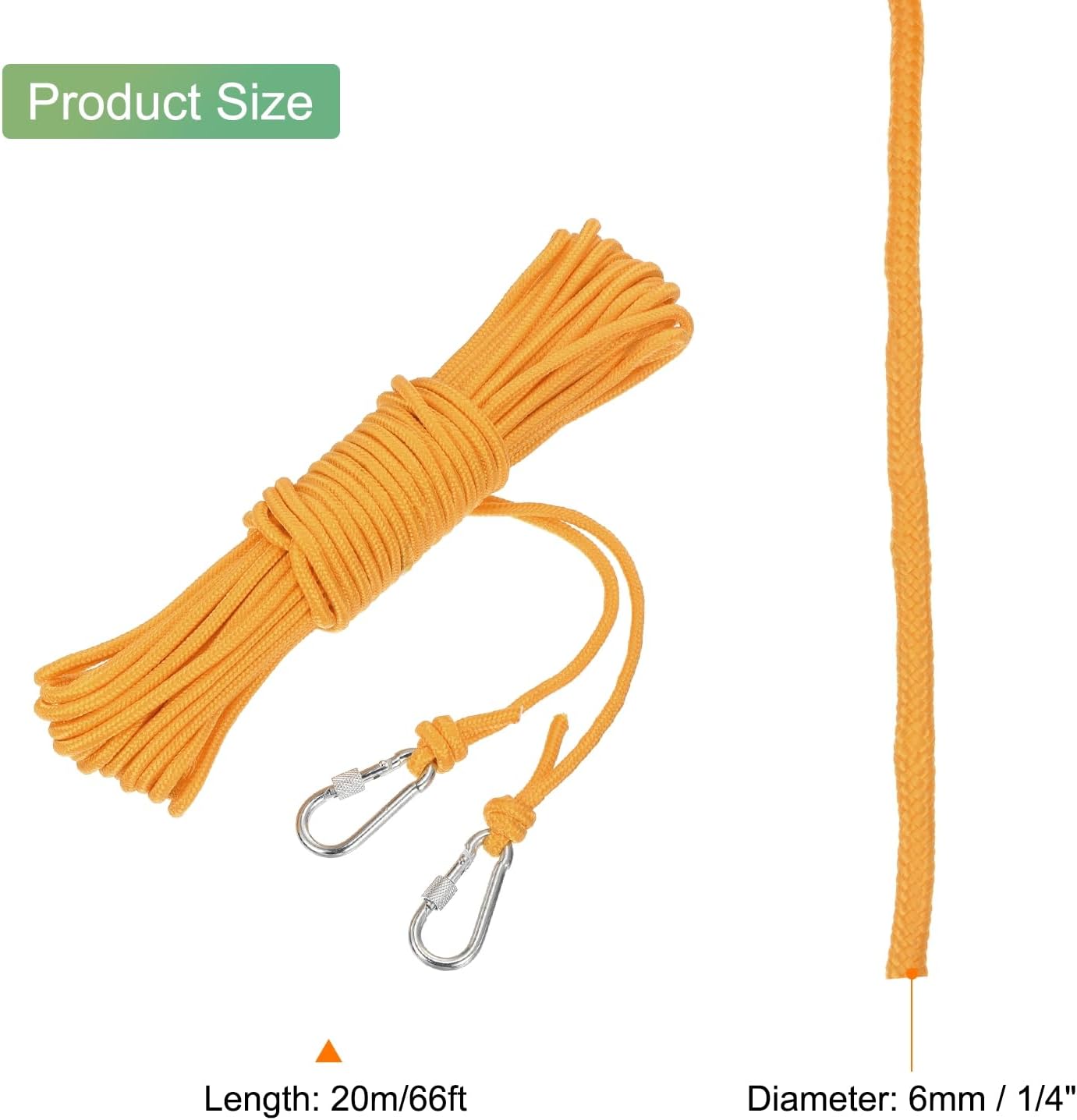 MECCANIXITY Hollow Braided Polypropylene Anchor Rope with Hook, 1/4 Inch 66ft Nylon Floating Line for Marine Pool Life Boat Anchor Rope, Yellow