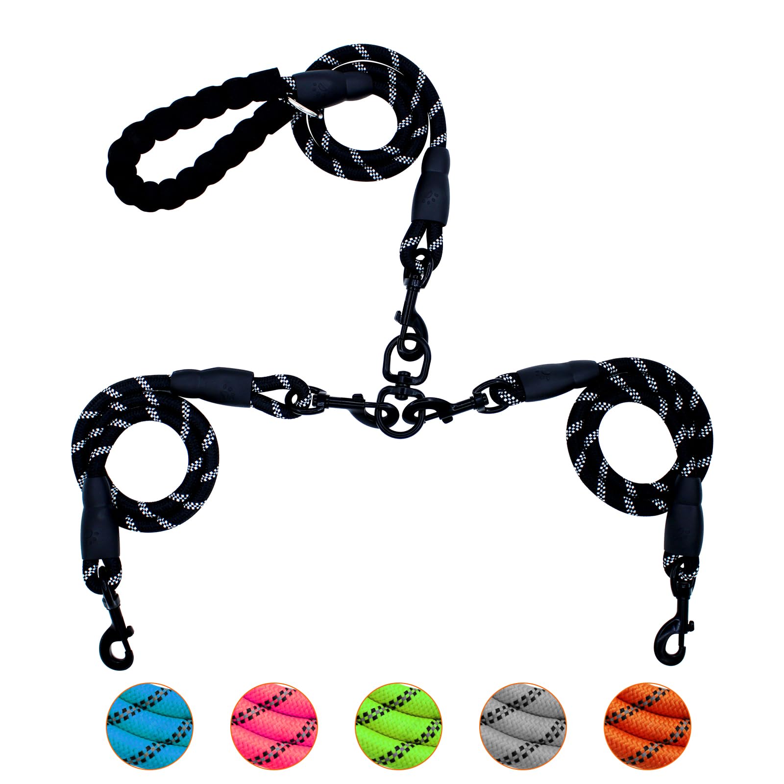 Two Dog Leash No Tangle Triple for 2 Dogs,360 Swivel No Tangle Walking Leash for 2 Dogs with Reflective for Large Medium Small Dogs (Black, 2 Way)