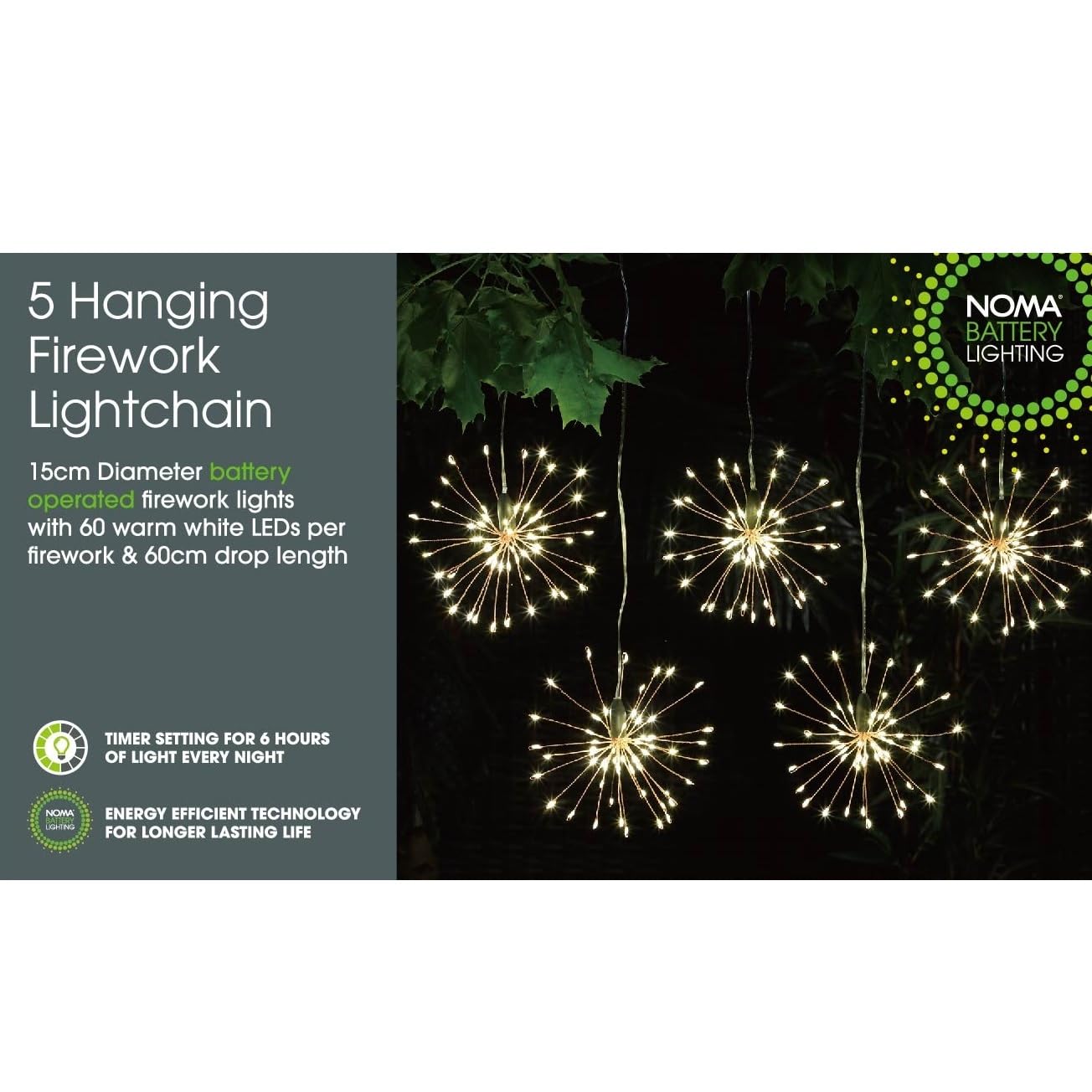 Noma Hanging Firework Light Chain, Battery Operated (Pack of 5 Lights)