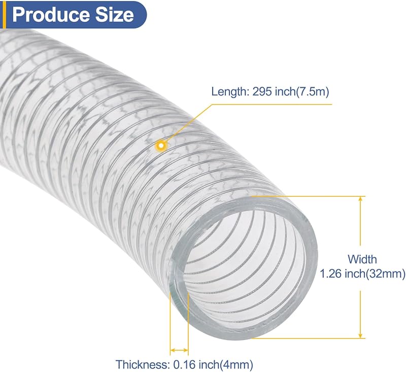 Acél Erősítésű PVC Tömlő 32mm/7,5m - Vegyszerálló Flexibilis Vinyl Cső Nagy Nyomású Szívótömlő Átlátszó