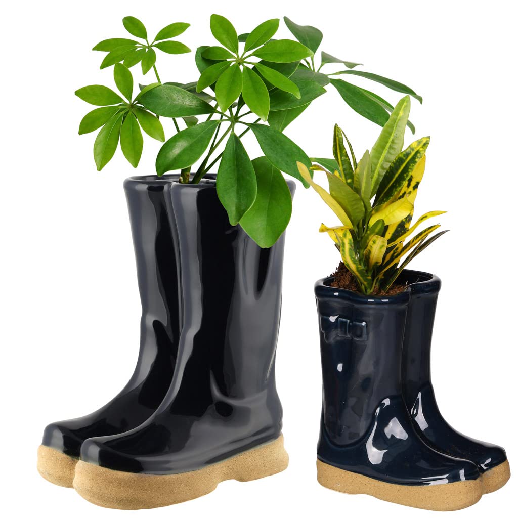 Dibor Set of 2 Flower Pot Planters - Small & Large Wellington Boot Plant Pot Fathers Day Gardening Gift Set (Dark Blue) โ image 1