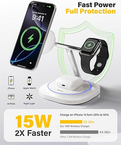 Miniatura 5 de Cargador inalámbrico magnético 3 en 1 para Apple, estación de carga rápida compatible con MagSafe para iPhone 17-12, Apple Watch y AirPods, soporte