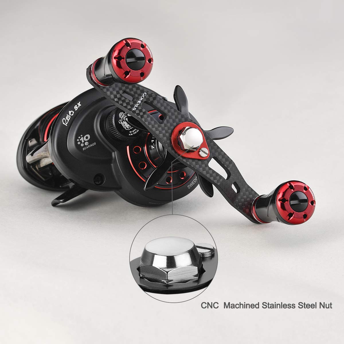 GOMEXUS 95mm Moulinet Manivelle avec Aluminium Bouton pour Daiwa Steez Zillion SV TW Abu Garcia Revo STX, Chronarch Metanium Shimano Calcutta Conquest, Poignée de Moulinet Baitcasting en Fibre de Carbone, 7x4mm, 8x5mm