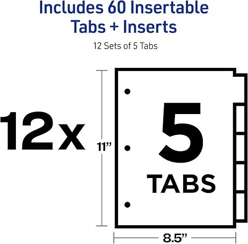 Miniatura 4 de Avery Divisores insertables para carpetas de 3 anillas, juego de 5 pestañas, 5 pestañas multicolor, 12 juegos (21951)