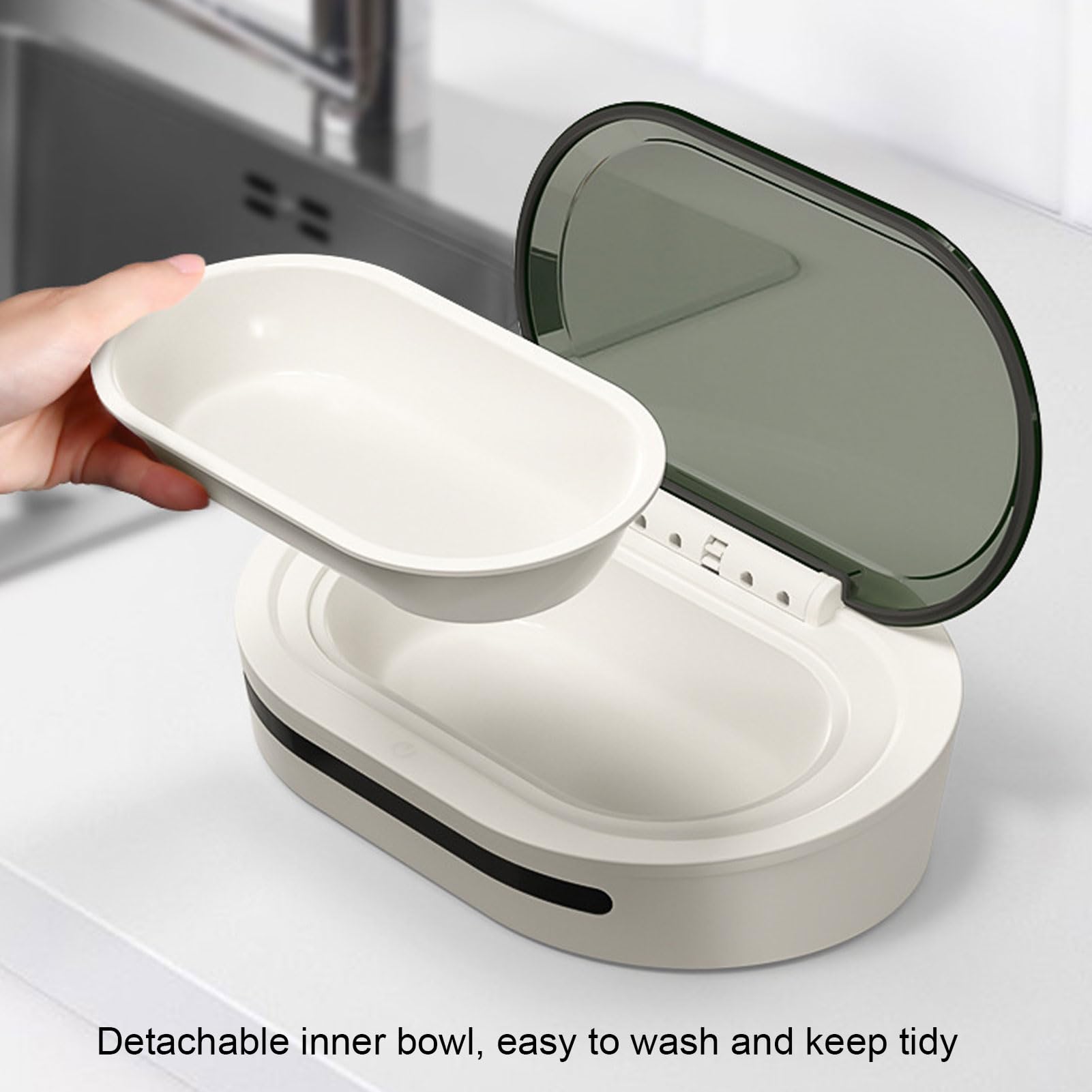 FILFEEL Mangiatoia Automatica per Gatti con Rilevamento a Infrarossi Dispenser di Cibo per Animali Domestici Sigillato Ermeticamente da 300 Ml per Gatti Interni USB + Alimentato a Batteria Silenzioso