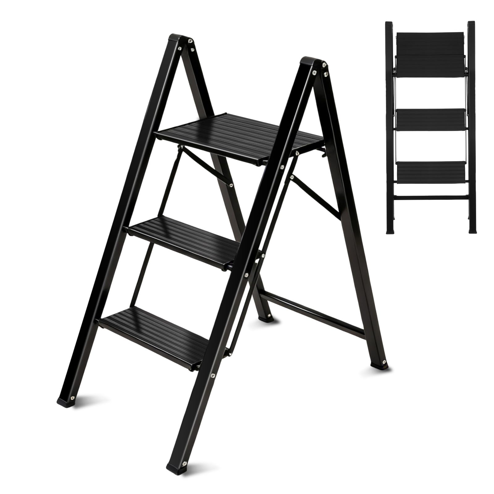Sekey Marchepied 3 Marches Pliable Aluminium, Escabeau Escamotable Châssis Acier Marches Alu Anti-Glissantes, Ultra Léger pour Maison & Cuisine, Certifié TÜV SGS EN131 EN14183, Capacité 150 kg, Noir