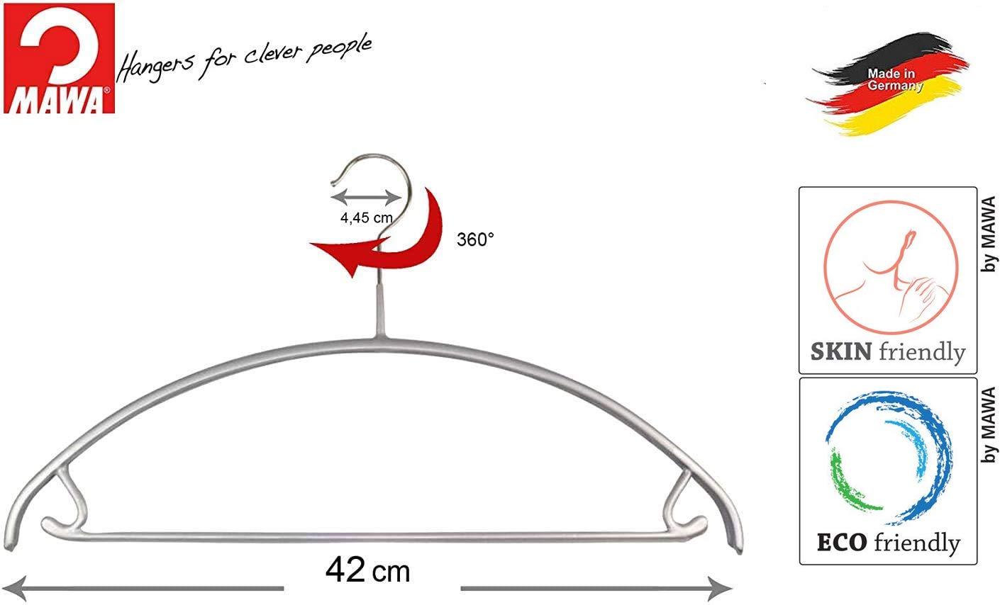 MAWA Perchas Universales, Set de 10 Piezas, Ahorran Espacio, con Gancho para Falda y Barra, para Camisetas, Pantalones, Faldas y Tops, Giratorias 360°, con Revestimiento Antideslizante, 42 cm, Plata