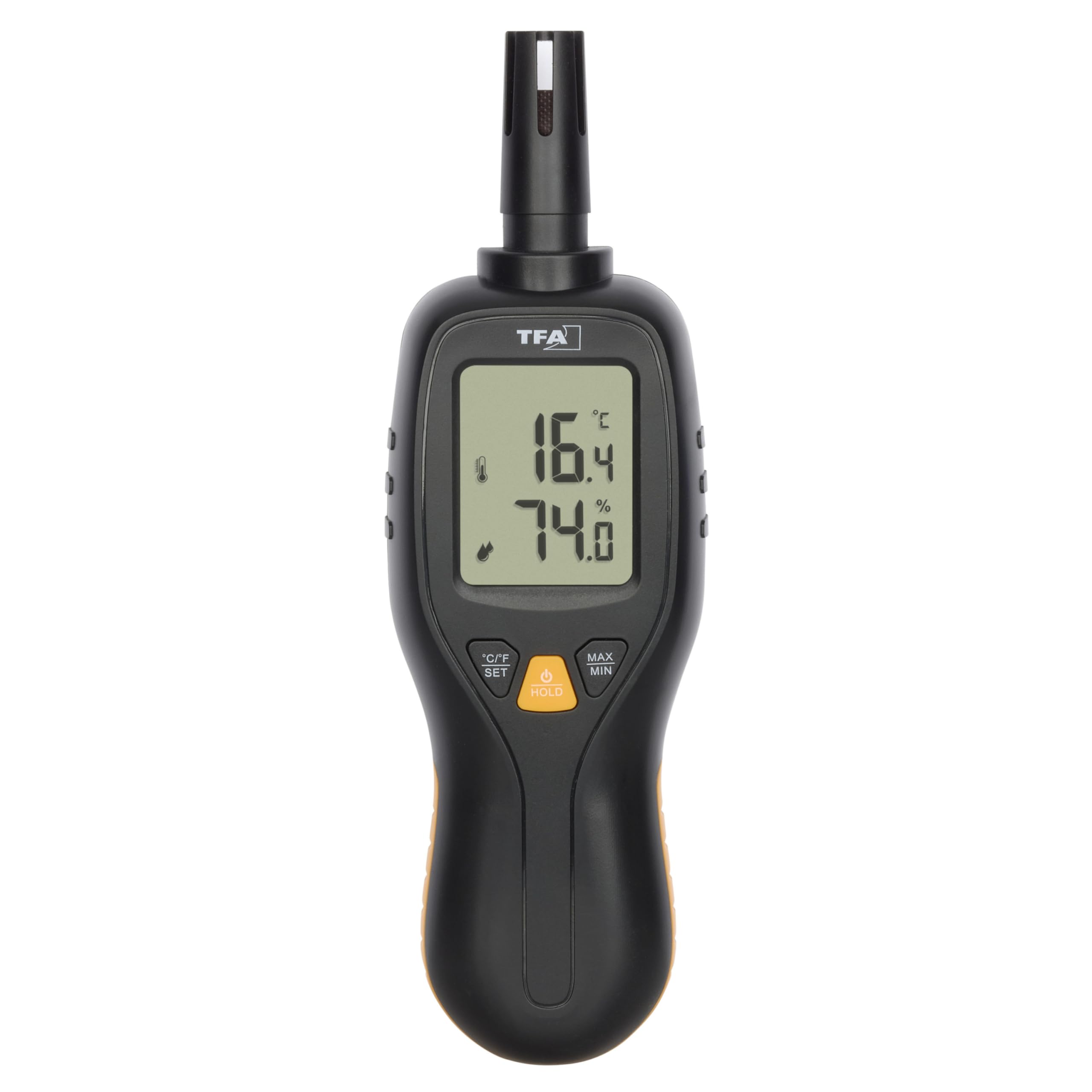 TFA Dostmann Higrómetro profesional, medidor de humedad digital, 31.1066.01, de -50 a +70 °C, precisión de 0,3 °C, termómetro, función máx. mín, retroiluminación (negro con pilas)