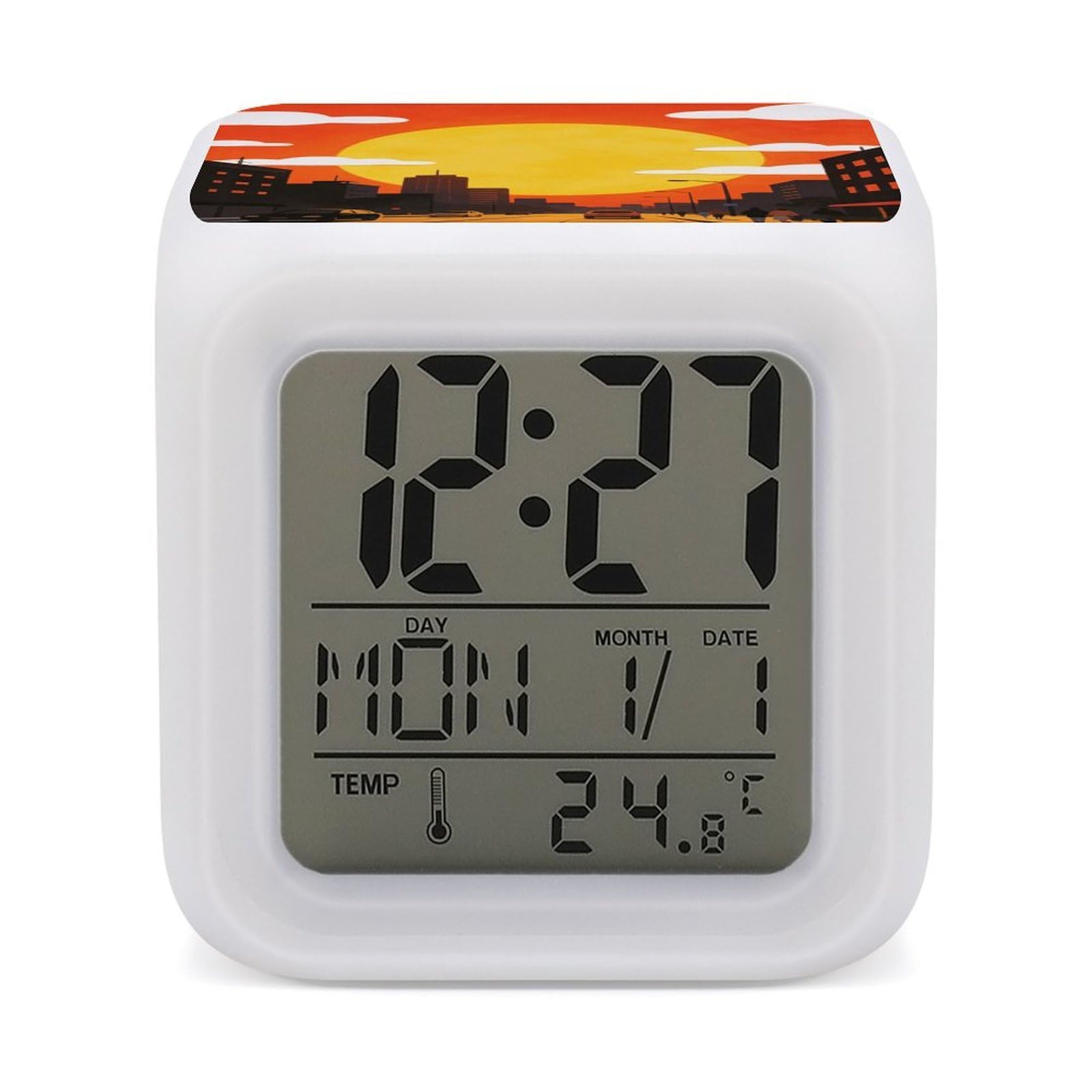 LZQPOEAS Sunset Alarm Clock with 7 Color Changing Nightlight for Bedroom Calendar Temperature Display Wake Up Digital Clock Small Desk Clocks for Heavy Sleepers Adults