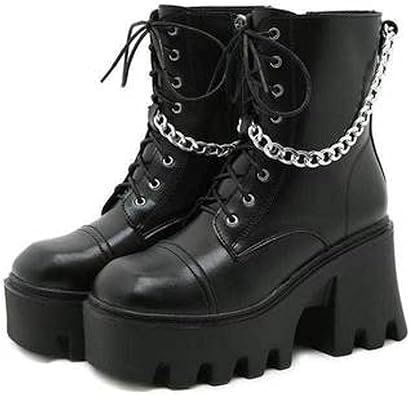 Amazon.com: Botas gruesas negras para las mujeres moda punta redonda cadena  cordón plataforma tobillo cuero cómodo casual señoras trabajo botas zapatos  : Ropa, Zapatos y Joyería