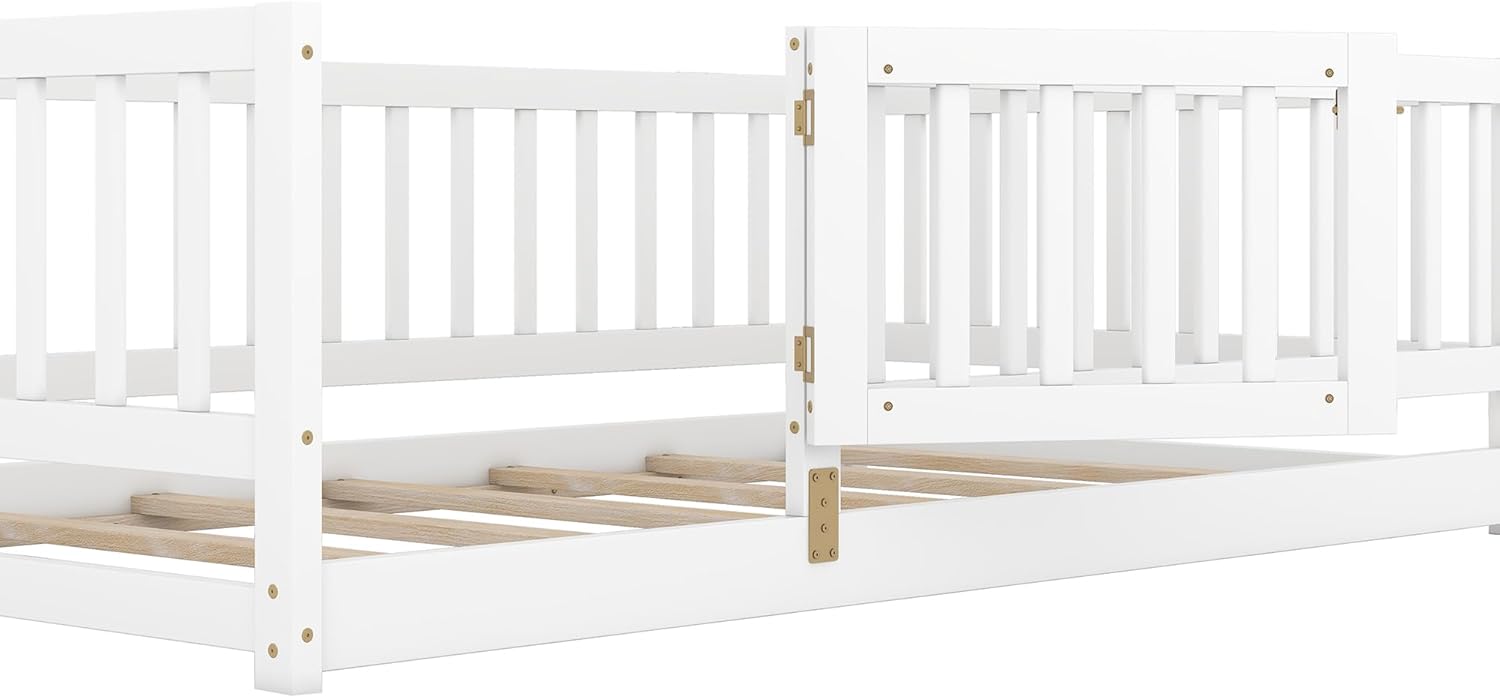 Bellemave Twin Size Montessori Floor Bed with High Rails, High Rails Floor Bed with Slats and Door, Easy Assemble Montessori Beds for Girls, Boys(White Twin)