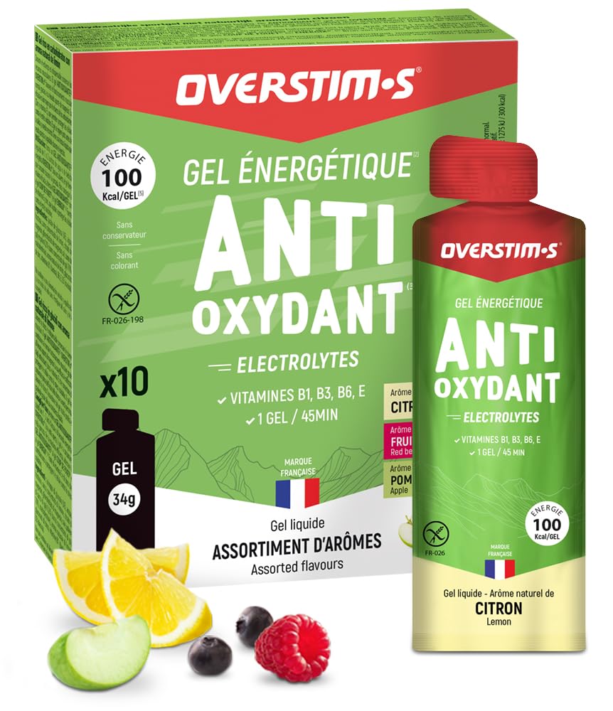 Overstim.s - Gel Antioxydant (10 sachets) - Limite les crampes - Energie durable - Electrolytes (magnésium, sodium) - Réduit la fatigue - 100 kcal/gel - Assortiment(Citron, Fruits rouges, Pomme verte)