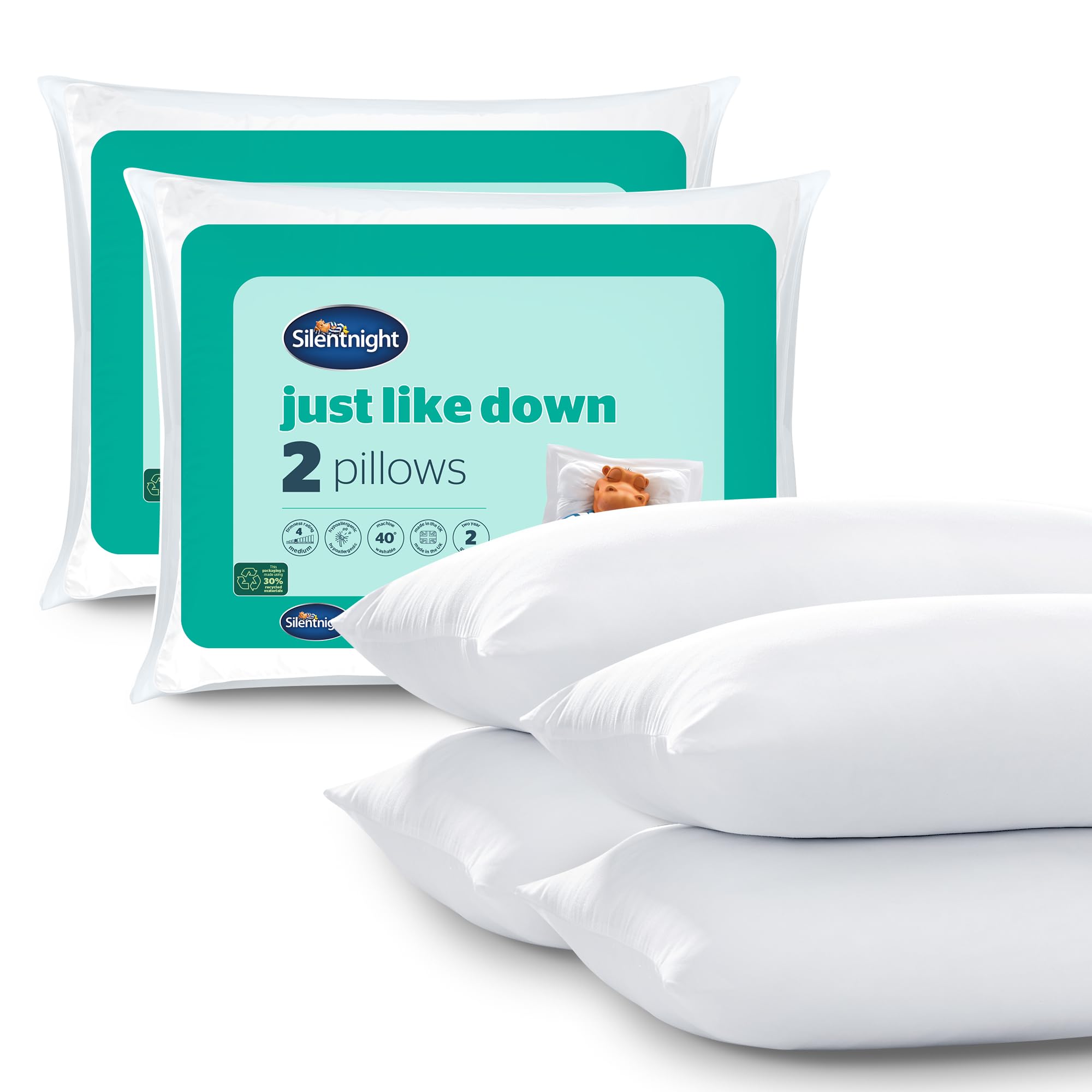 Silentnight Just Like Down Pillow - Filled with Hollowfibre Down-Like Feel - Extra Comfort & Warmth - Soft Medium Support for Head & Neck - Hypoallergenic & Machine Washable - 4 Pillows โ image 1