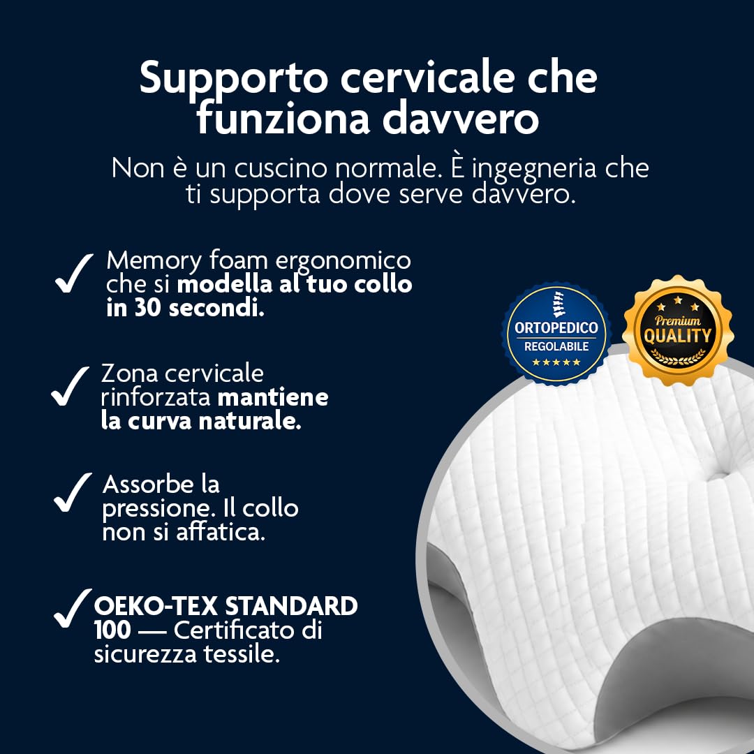 Cuscino Cervicale per Dormire a Farfalla in Memory Foam, Supporto Ortopedico Ergonomico Laterale, Supino e Proni, Federa Sfoderabile e Lavabile, Certificato OEKO-TEX Standard 100, 62x38x13 cm