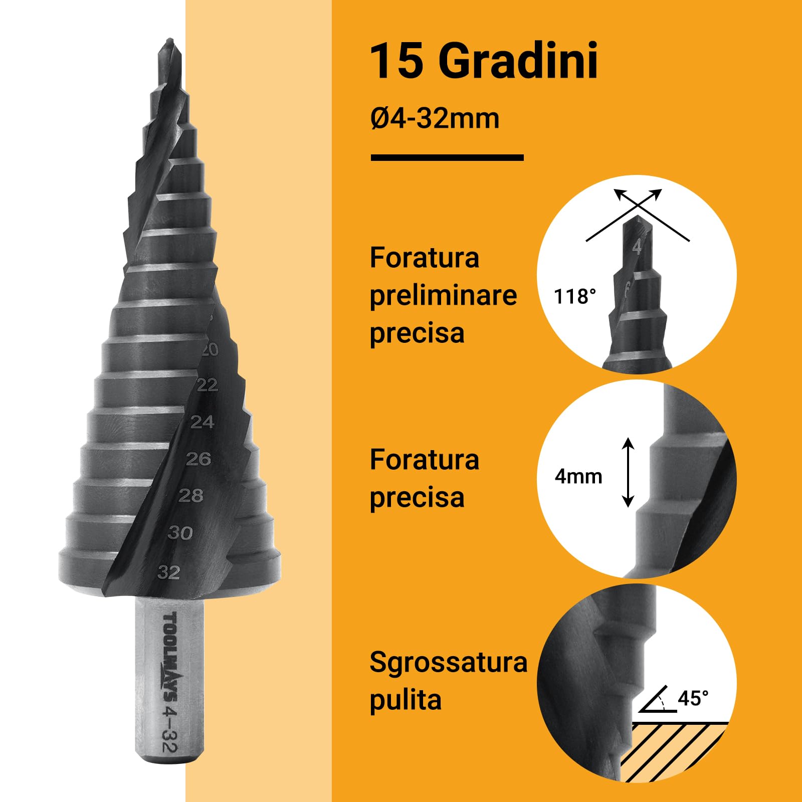 15 Livelli Fresa Conica M35 AlTiN, 4-32 mm, Punta Conica per Acciaio Inossidabile, Ferro, Alluminio, Plastica e Legno, Hss Punte Coniche Professionali