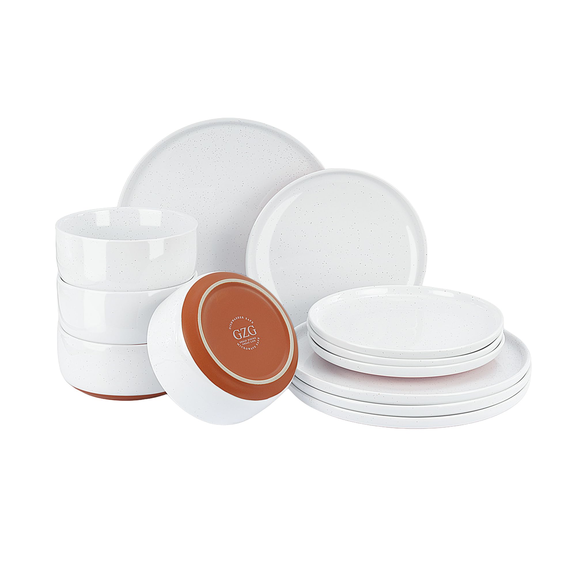 GZG Modern Art Series - 12 Pcs Speckled Stoneware Plates and Bowls Sets, Ceramic Dinnerware Set with Rustic Terracotta Underside, Microwave and Dishwasher Safe Handcrafted Dishes Set - Porcelain White