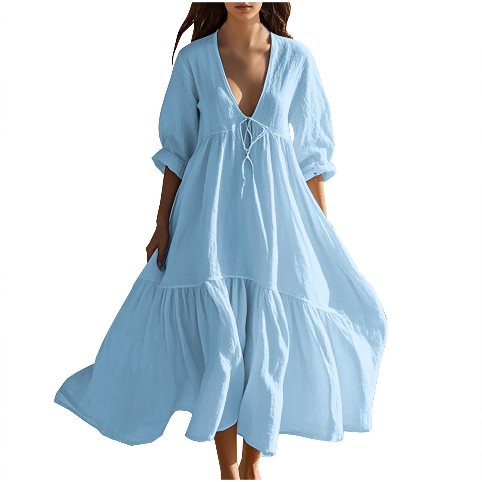 AMhomely Cotton Linen Dresses for Women UK-Summer Boho Maxi Dress,Drawtring Deep V Neck Casual Dresses,Short Sleeve Flowy Sundress,Beach Smocked,Holiday Vacation,Office Work A Blue S