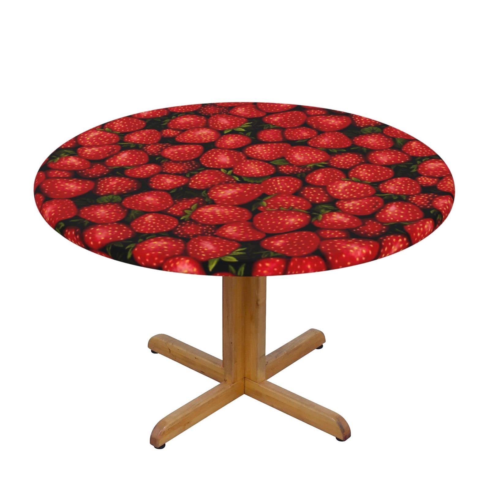 Lsjuee Round Fitted Tablecloth 45-50in Elastic Edged Table Cloth for Kitchen Dining Party Home Decor - Strawberry Red
