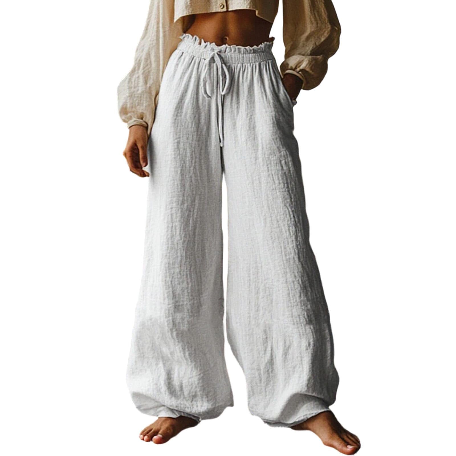 High Waisted Wide Leg Pants Women Smocked Ruffle Waist Flowy Palazzo Trousers Textured Beach Boho Yoga Slacks White Small