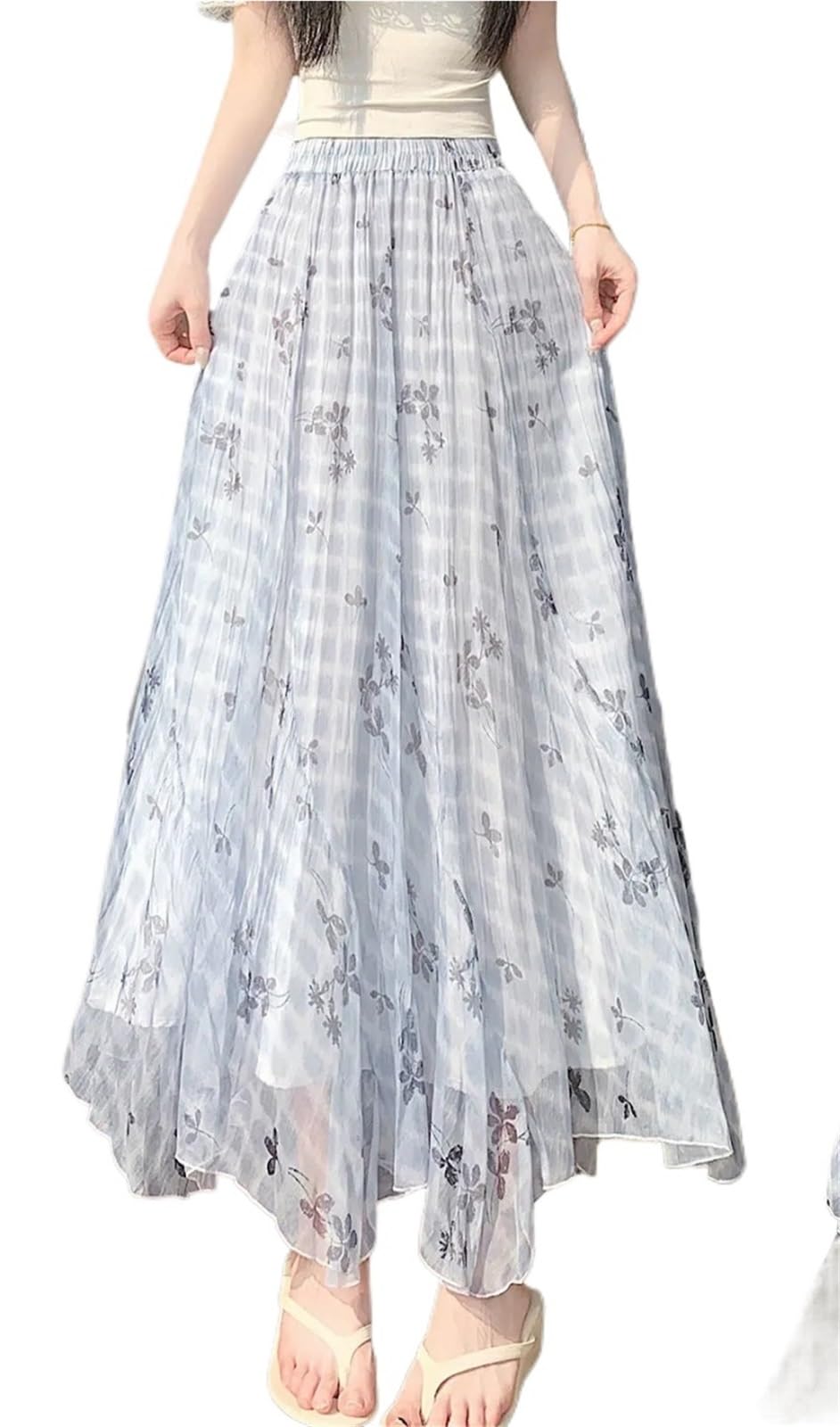 Gonna longuette a trapezio in chiffon con stampa floreale a vita alta estiva