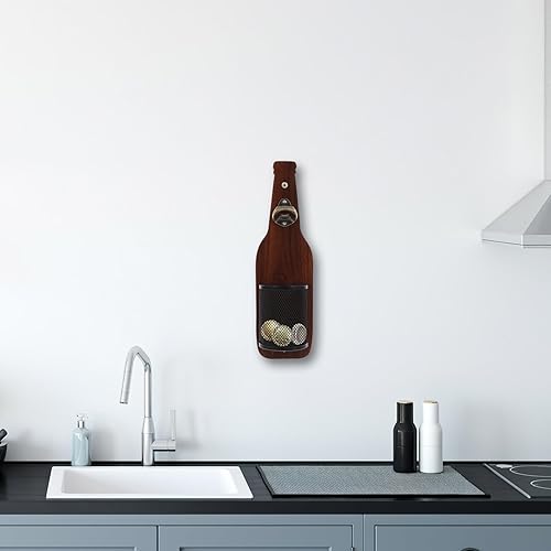 Miniatura 6 de Cabilock Abrebotellas de cerveza de madera montado en la pared con colector de tapas, accesorio de barra vintage para fácil uso manual para cocinas,