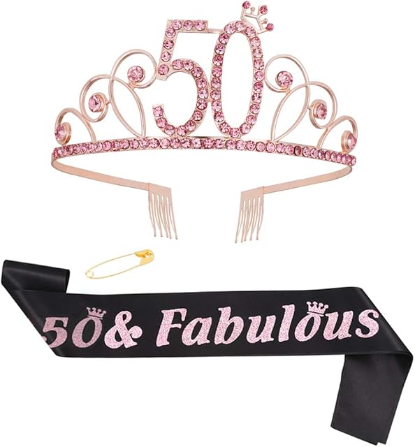 ruggito 50th Birthday Costume Set for Women,Include 50th Black Satin Sash,Birthday Crown Tiara and Round Brooch Clip Pin for 50th Birthday Party Decorations (Black)