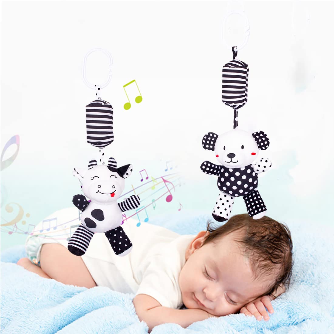 Juguetes de asiento de automóvil para bebé, juguete de cochecito blanco y negro, sonajero colgante para cuna móvil, juguete sensorial para recién nacido para 0 a 12 meses (ternero/panda) 3