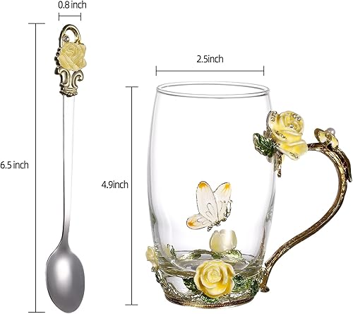 Miniatura 2 de SUQ I OME Taza de té de cristal de rosa esmaltada y mariposa, regalos de San Valentín para mujeres, esposa, amiga para boda, día de la mujer,