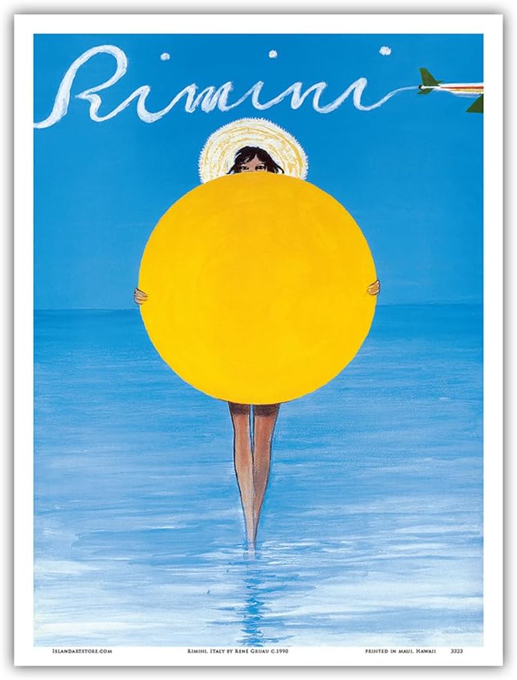 Rimini Italy - Italian Girl with Sun Beach Umbrella - Vintage Travel Poster by René Gruau c.1990 - Master Art Print (Unframed) 13in x 19in