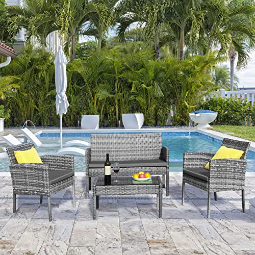 LIFERUN Polyrattan Sitzgruppe, Gartenmöbel Set für 4 Personen, Rattan PE Gartenmöbel Set, inkl. Tisch mit Glasplatte, Bequeme Auflagen, für Garten, Terrasse, Balkon, Rasen