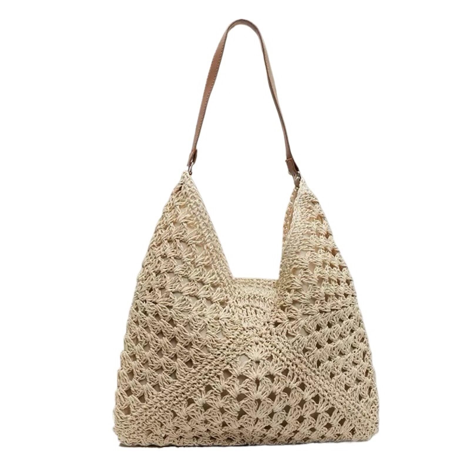 Bolso Crochet Bolso de playa de paja tejido a mano for mujer, grande, for vacaciones de verano, bolso de hombro informal, bolso de compras for festivales.