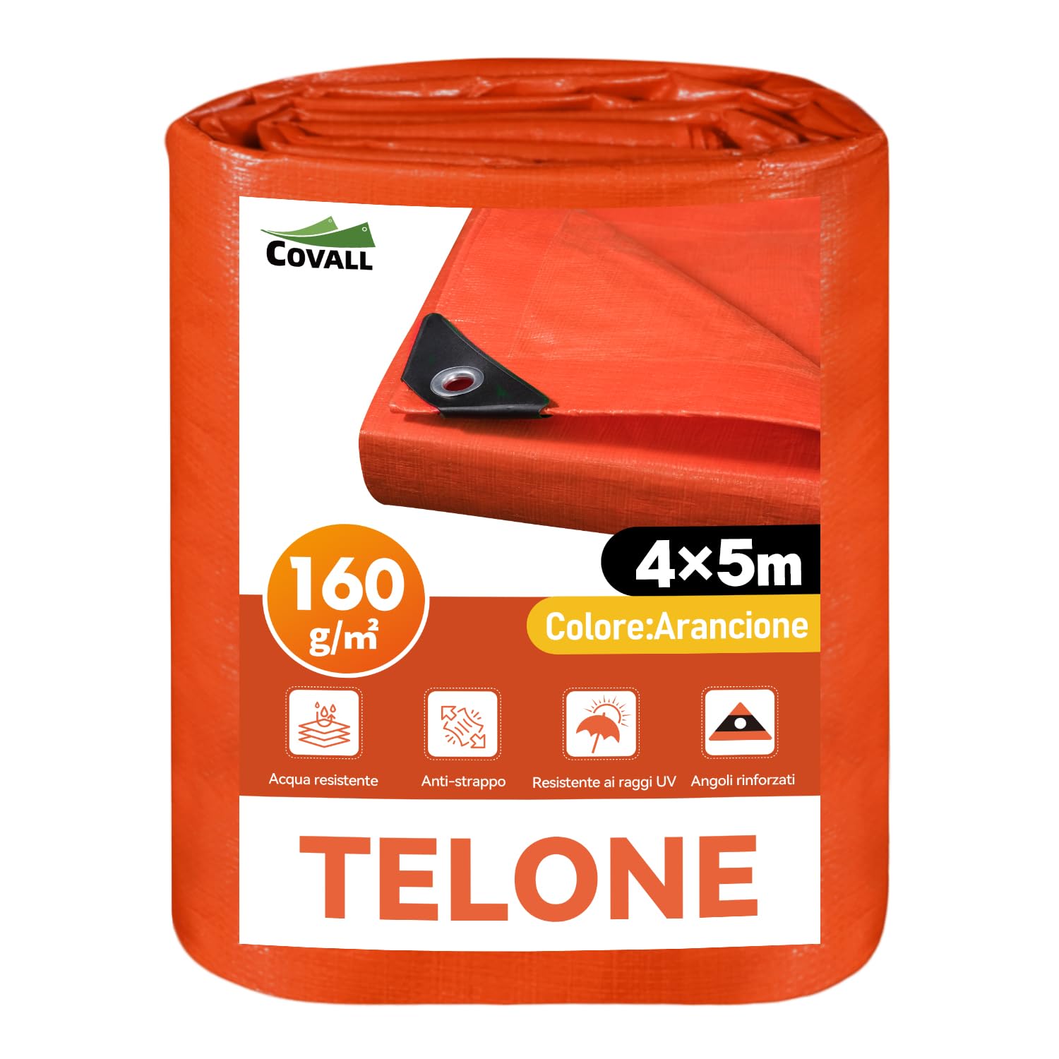 Telone Impermeabile Occhiellato 4x5m con Protezione UV - Telo da Esterno 160 g/m² per Copertura, Campeggio (Sotto Tenda), Giardino, Gazebo - Antipioggia e Copritutto - Arancione Brillante
