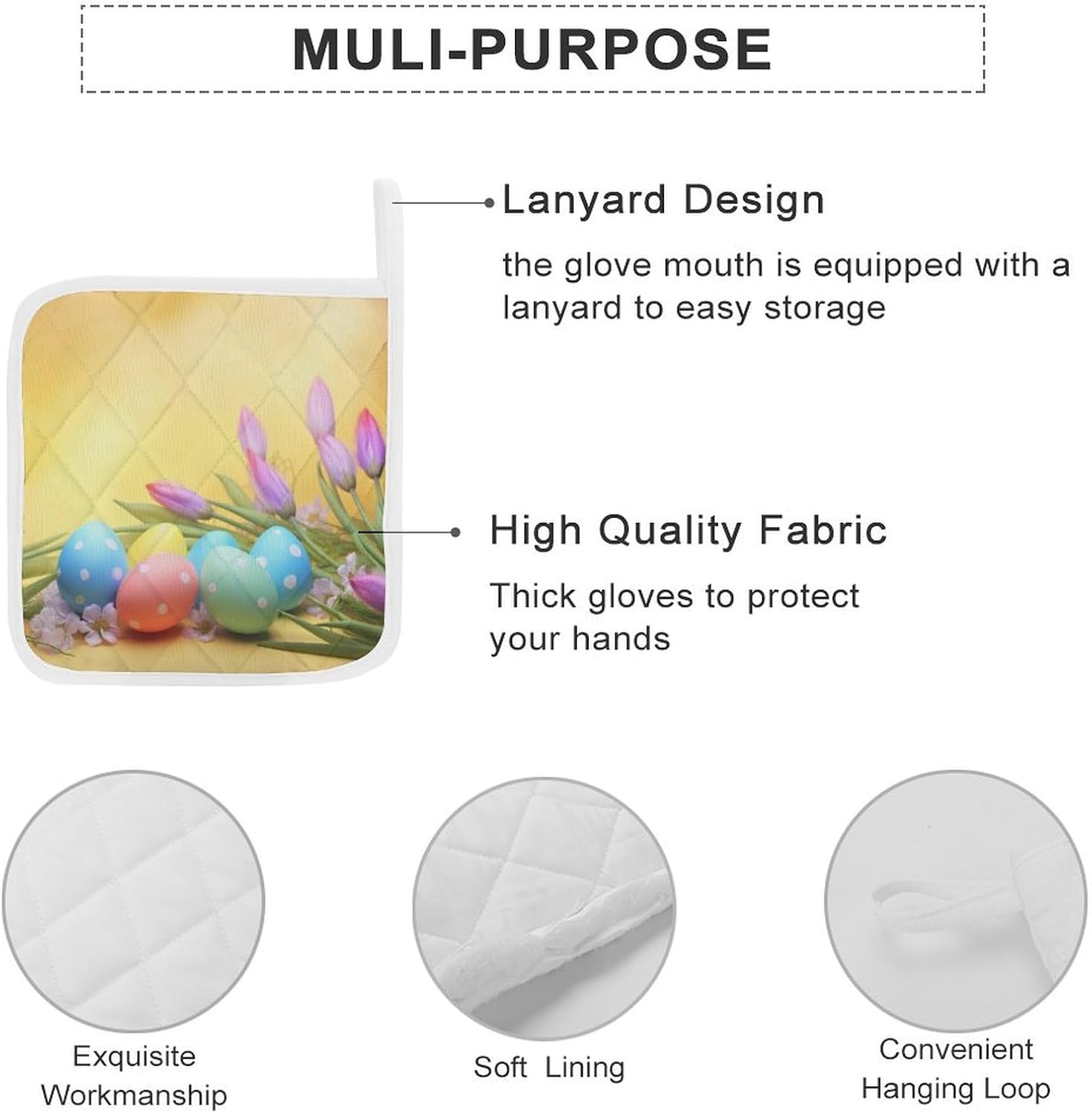 Square Potholders 2-Piece Set,April Easter Printed Kitchen Insulation Mats Heat-Resistant Non-Slip Insulation Mats with Hanging Rings for Kitchen Cooking Baking BBQ
