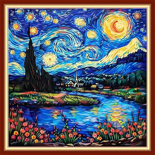 Image of Redxing Stamped Cross Stitch Kits Embroidery kit for Beginners Adults Full Range of Embroidery Patterns Starter Kits DIY Printed Cross Stitch Kits Needlepoint Kits 11CT-Starry Night 18x18 inchs