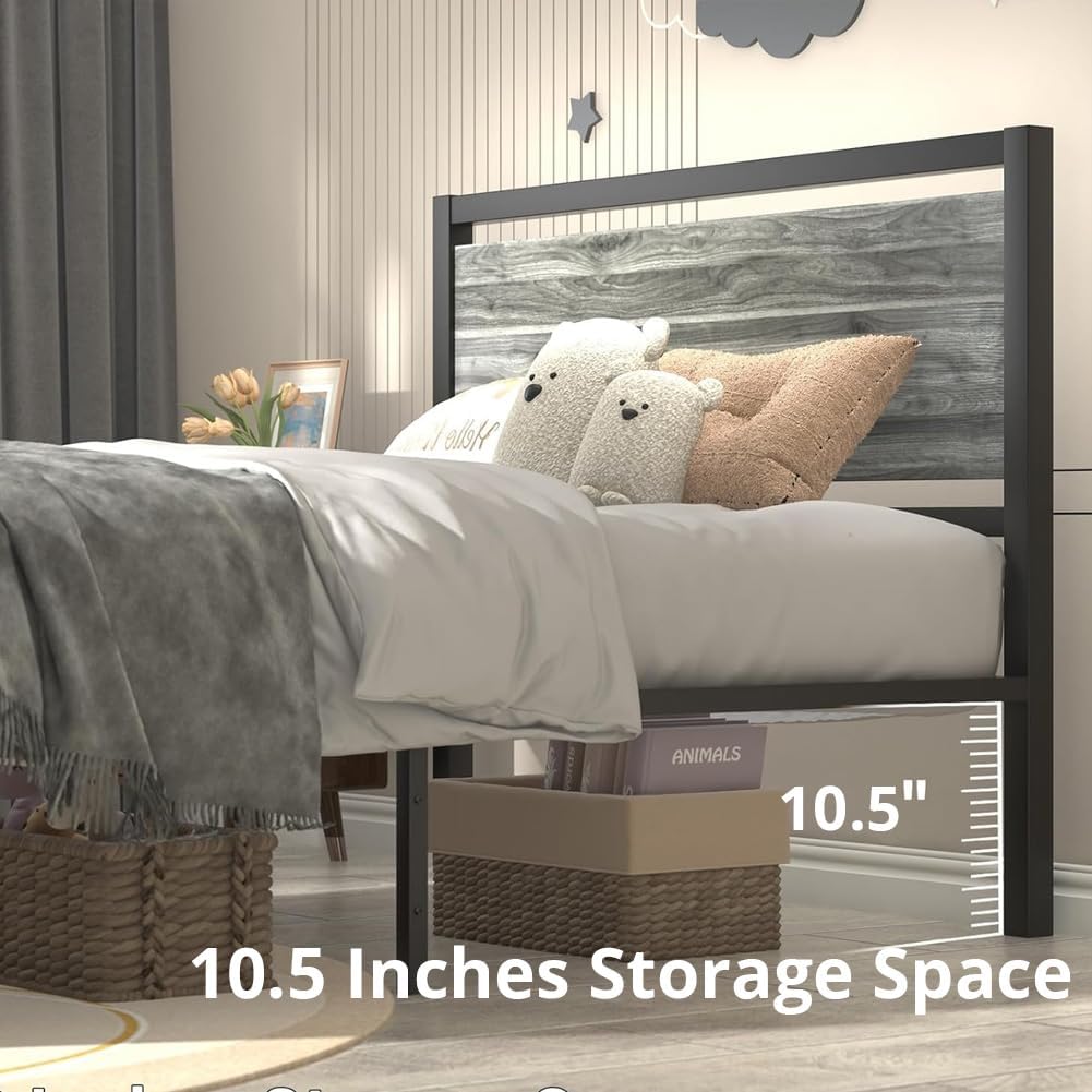 Twin Bed Frames with Headboard, Industrial Style Twin Bed Frame, Twin Size Bed Frames with Wooden Footboard, No Box Spring Needed, Noise-Free, Easy Assembly, Wash Grey - Image 4