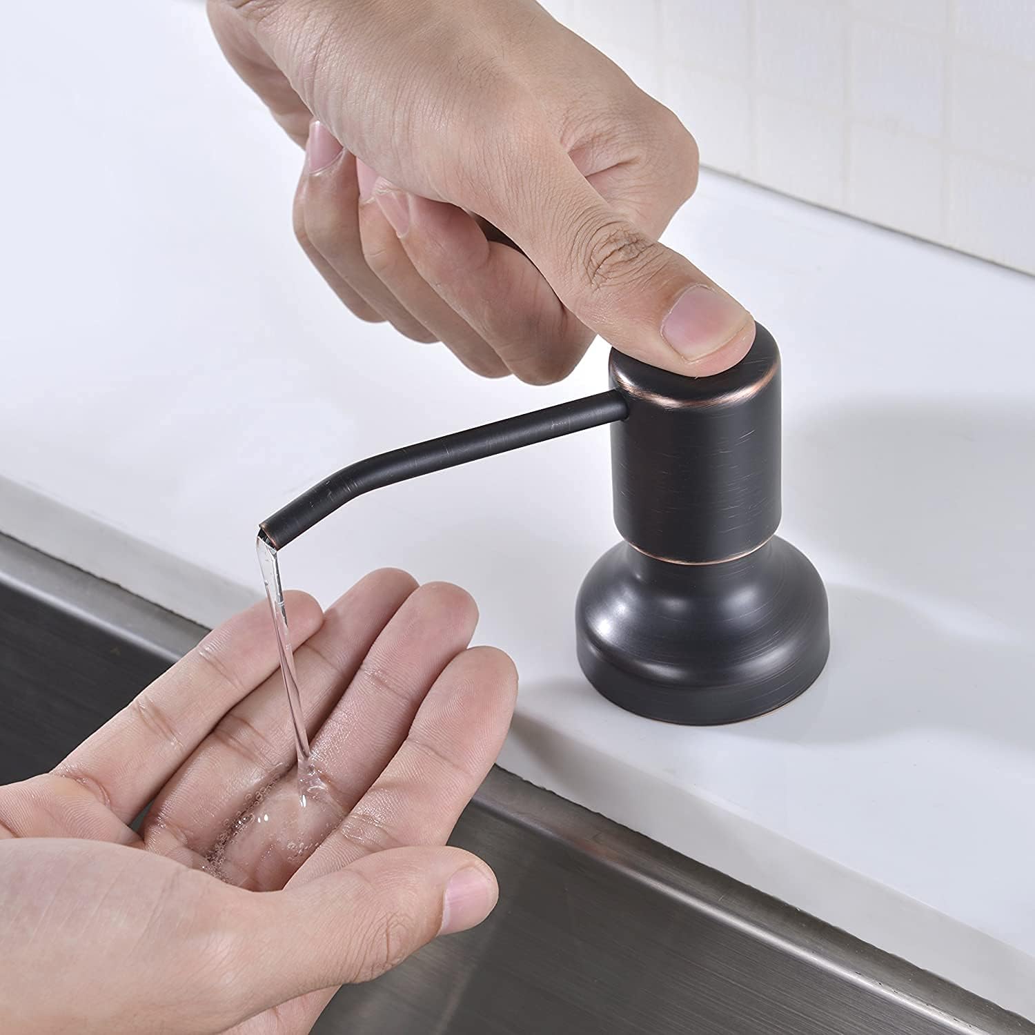 Built in Soap Dispenser for Kitchen Sink,Stainless Steel Pump Head Long Spout with 17Oz PET Food Safe Material Soap Bottle, Oil Rubber Bronze Finish Sink Kitchen Soap Dispenser Refill from The Top